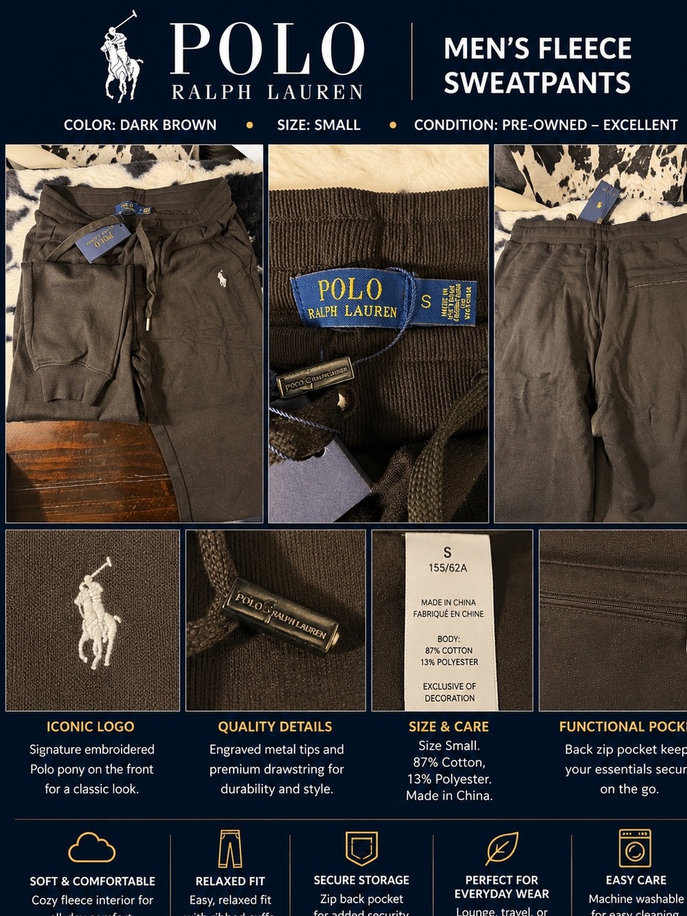 Polo by Ralph Lauren Men’s Dark Brown Fleece Jogger Sweatpants